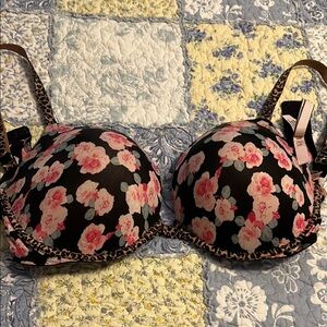 Floral Black & Leopard Bra with Pink Rose Accents